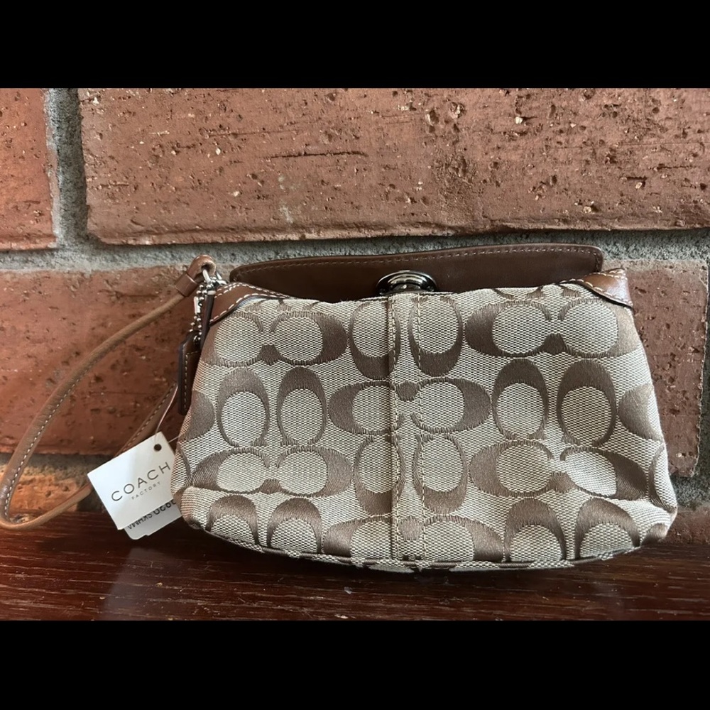Brown Coach Signature Logo Canvas Wristlet
